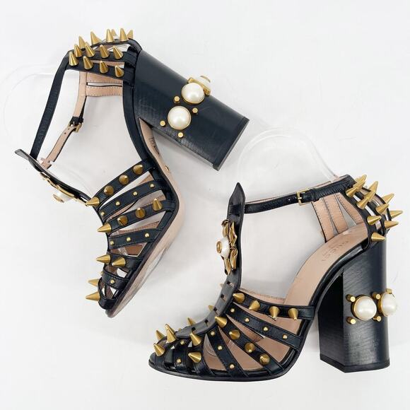 Gucci Black Leather Kendall Studded Pearl Embellished Cage Block Heels EU 39 - Picture 8 of 16